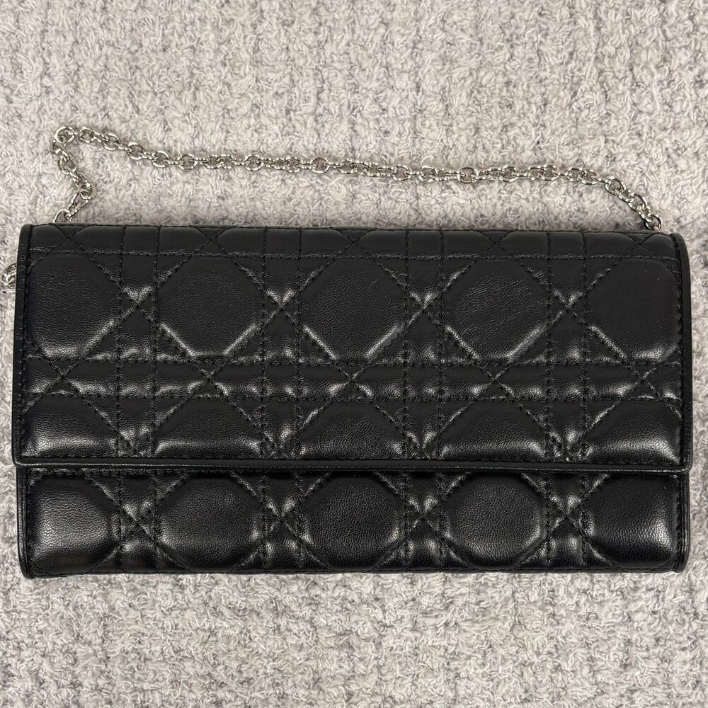 Christian Dior Black Lambskin Cannage Rendez-vous Chain Wallet #81990